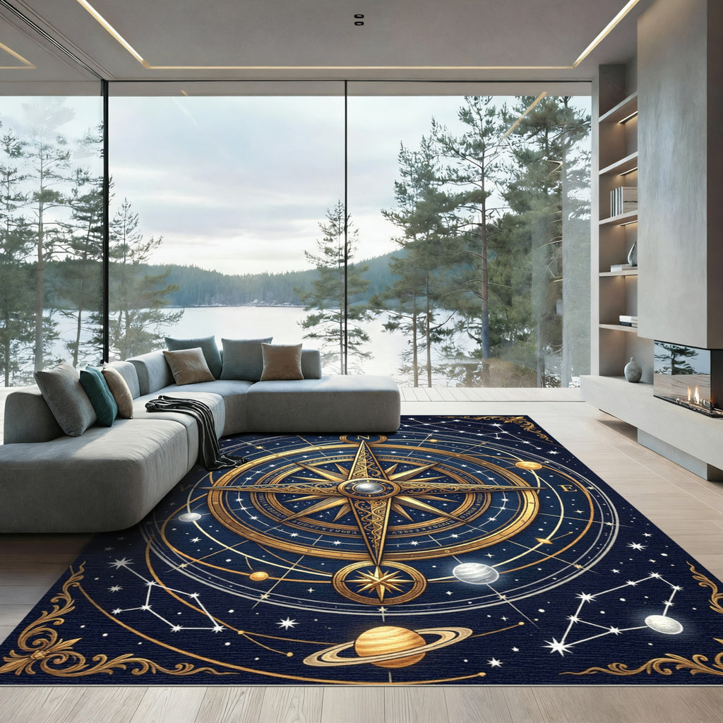 Golden Celestial Compass Starry Night Rug