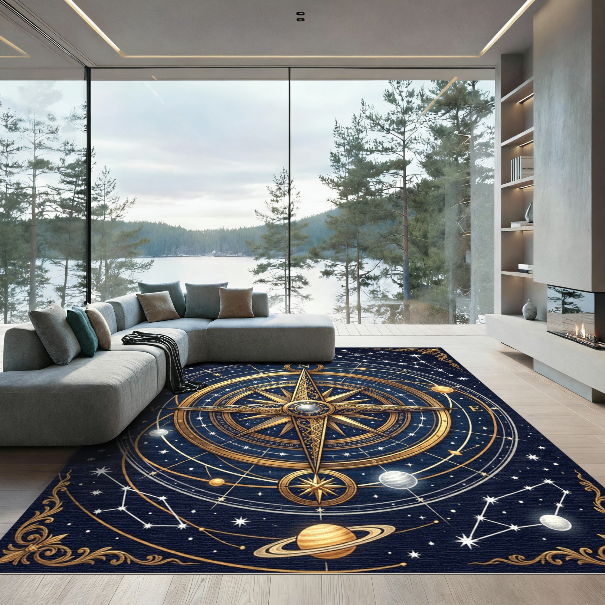 Golden Celestial Compass Starry Night Rug