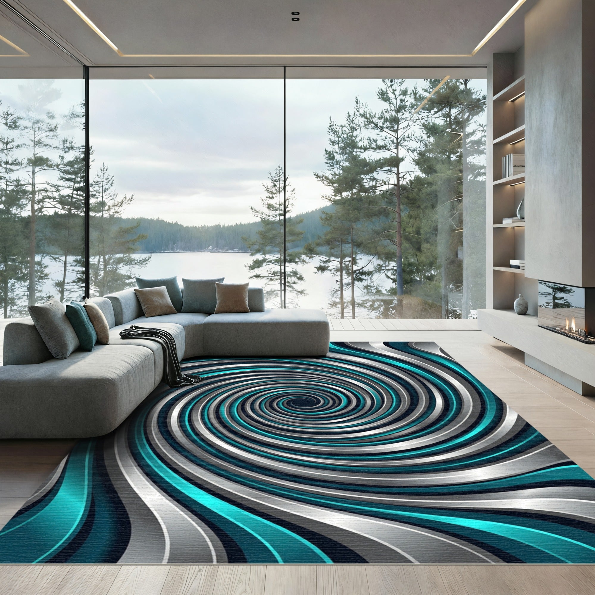 Metallic Teal and Silver Spiraling Vortex Rug