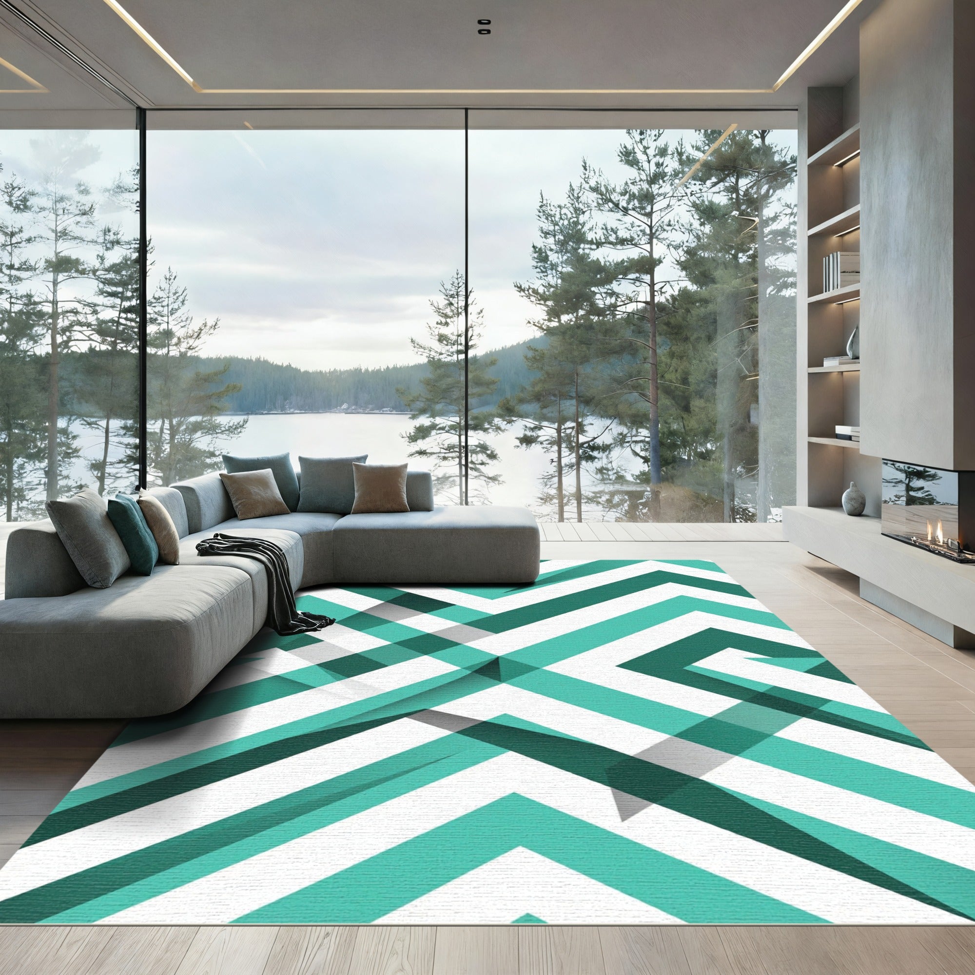 Teal Mint Chevron Geometric Angular Lines Rug