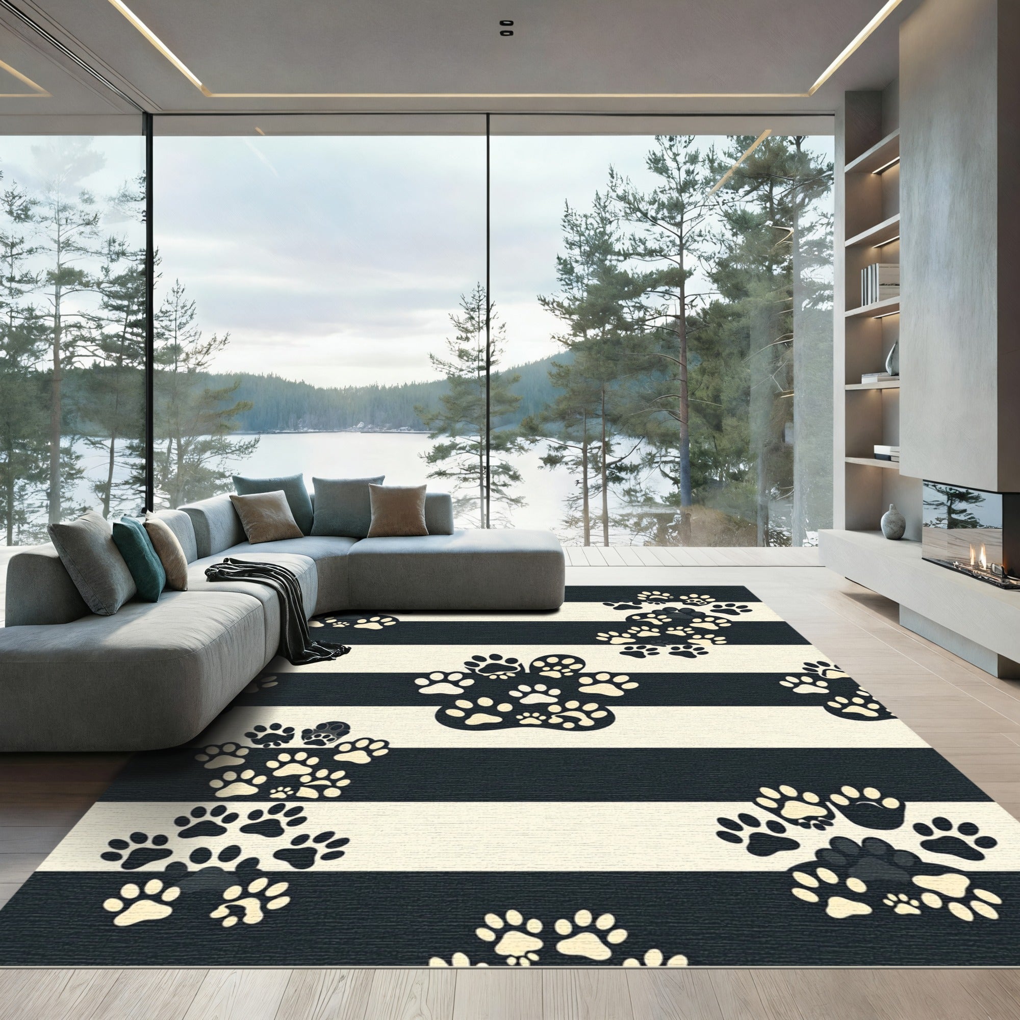Monochrome Striped Animal Paw Rug