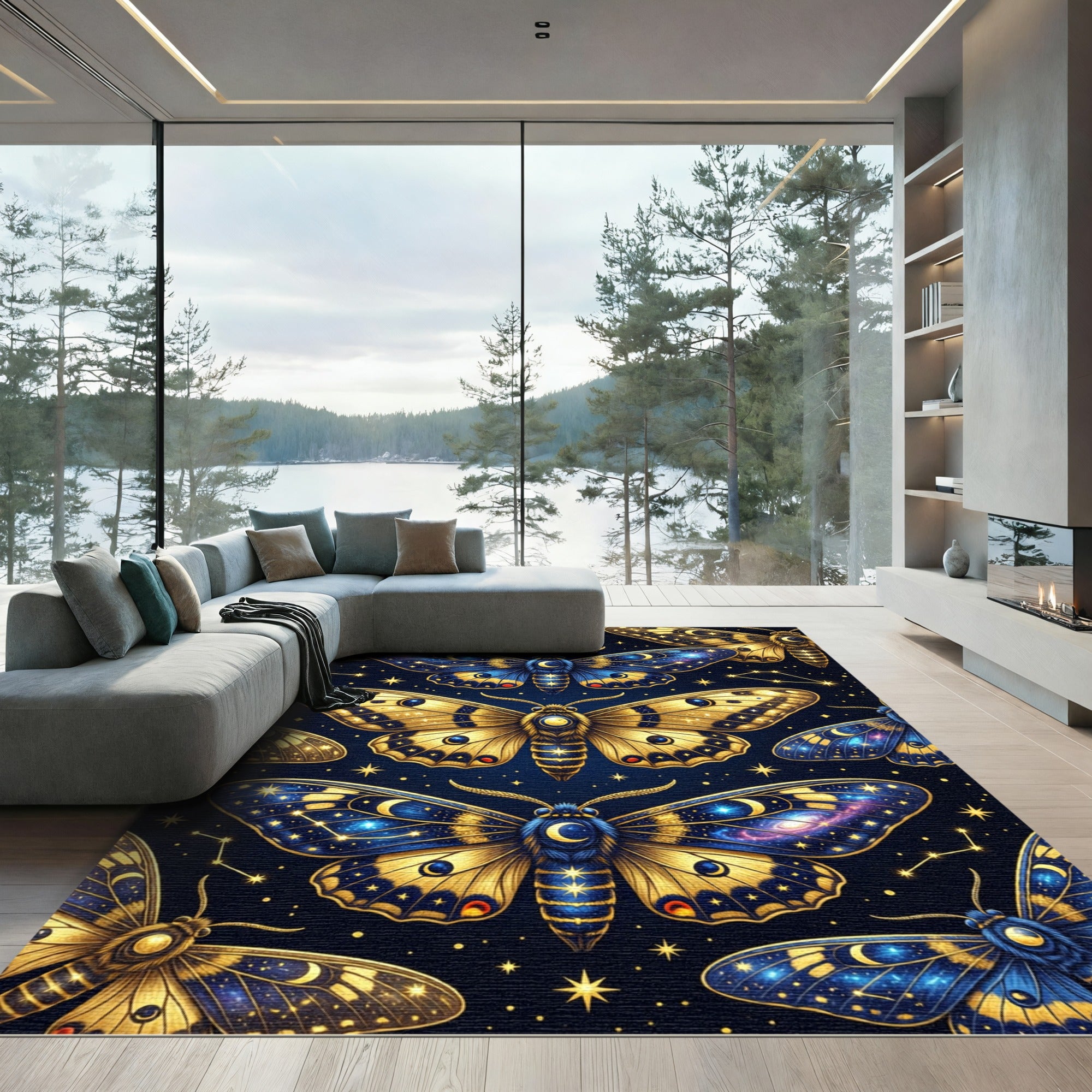 Celestial Gold and Navy Starry Moth Rug