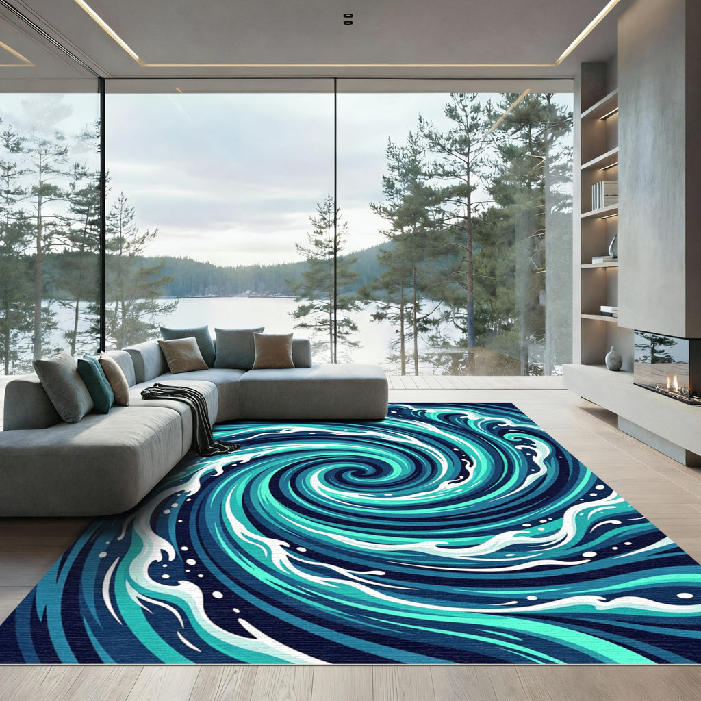 Deep Blue Aqua Swirl Ocean Waves Rug