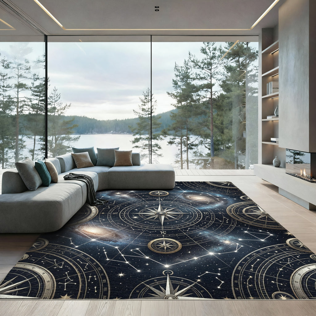 Celestial Gold Compass Galaxy Night Sky Rug