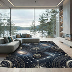 Celestial Gold Compass Galaxy Night Sky Rug