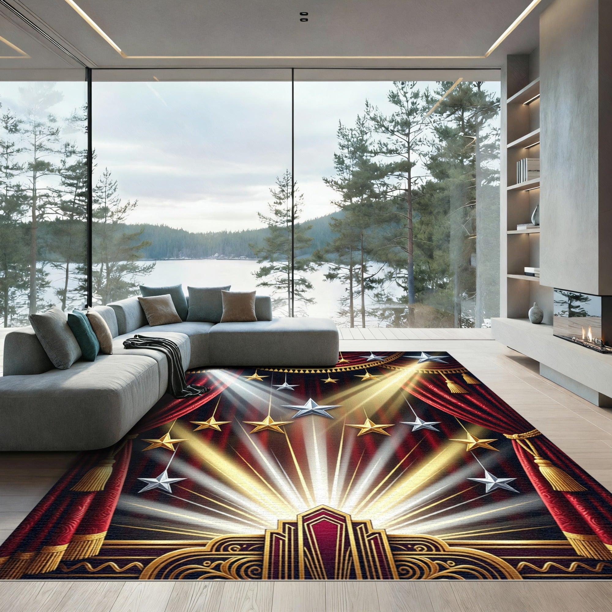 Regal Crimson Velvet Golden Starry Stage Rug