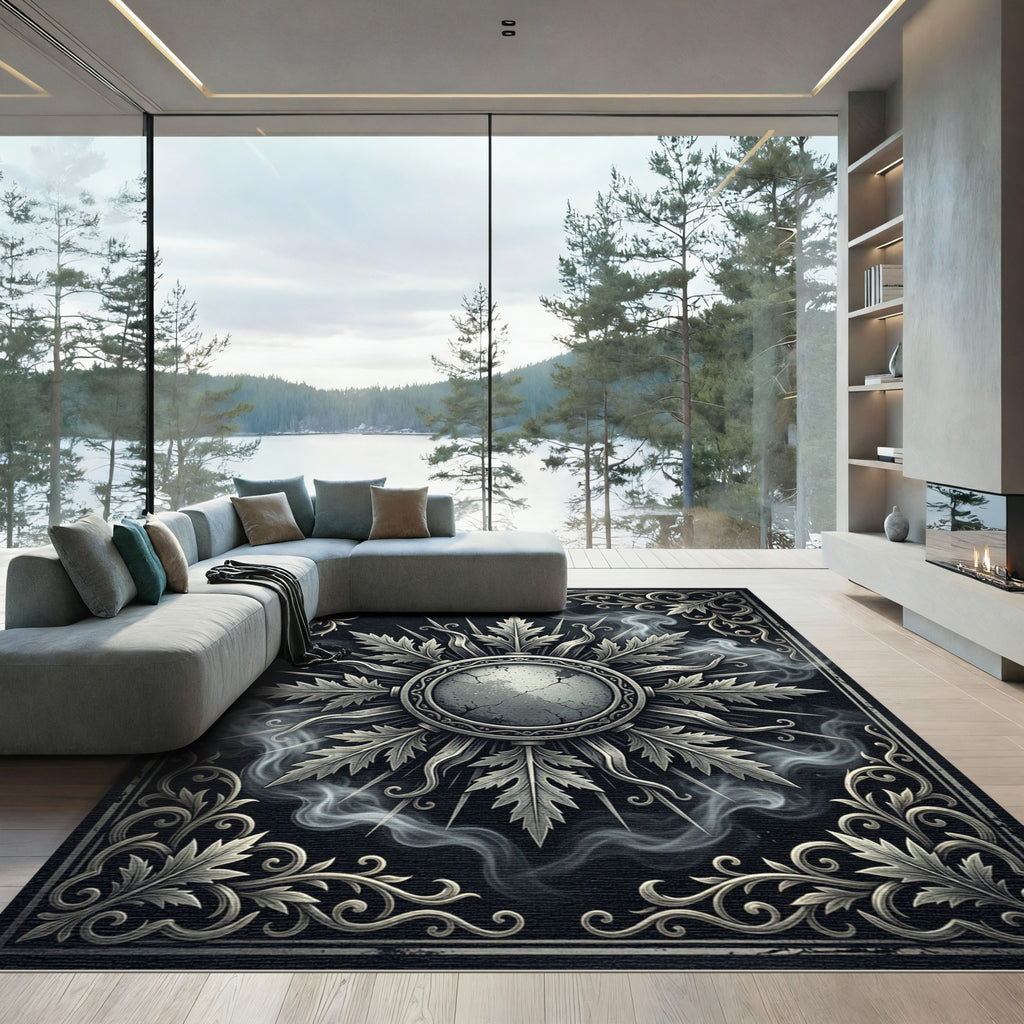 Gothic Silver Foliage Cracked Medallion Rug