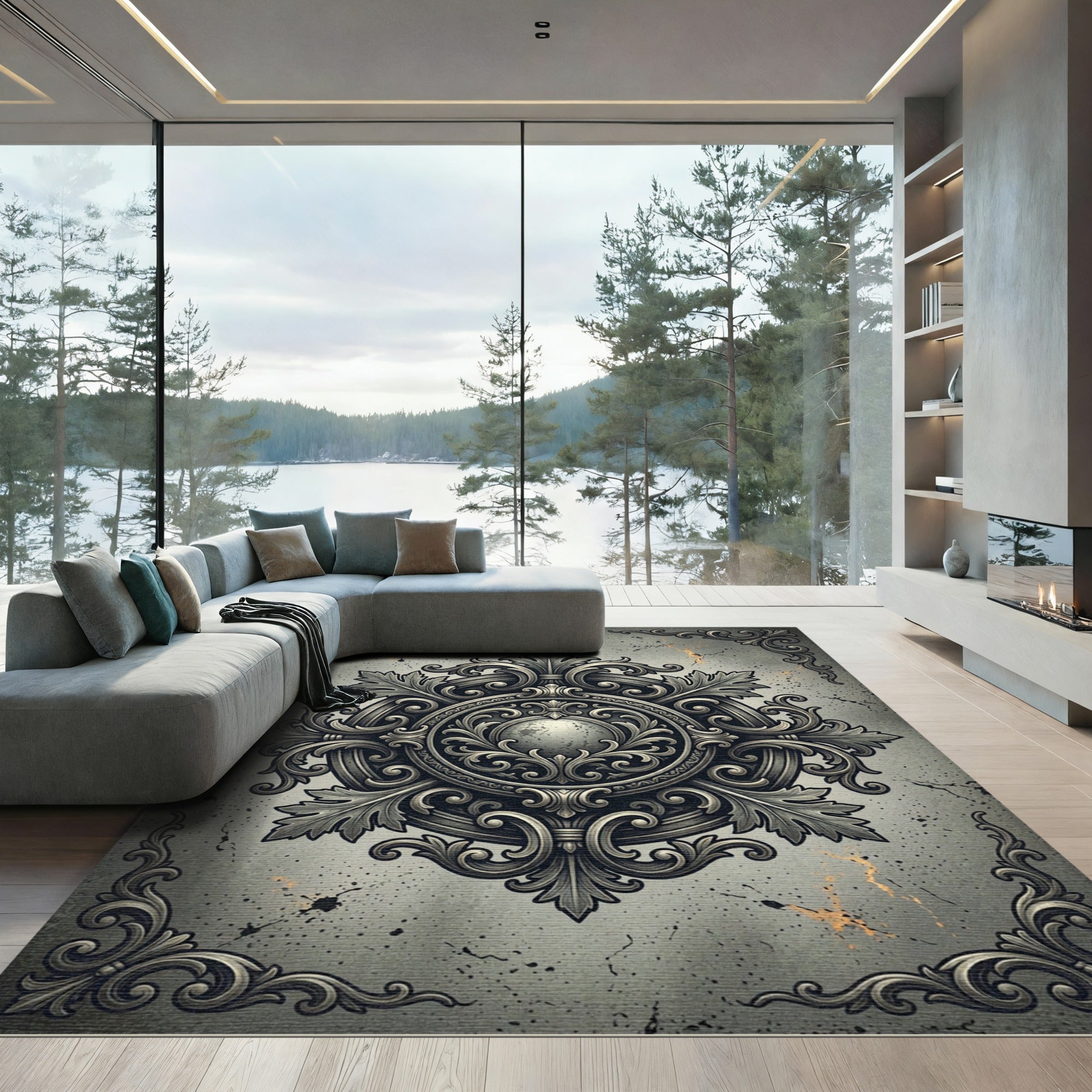 Ornate Charcoal Damask Filigree Medallion Rug