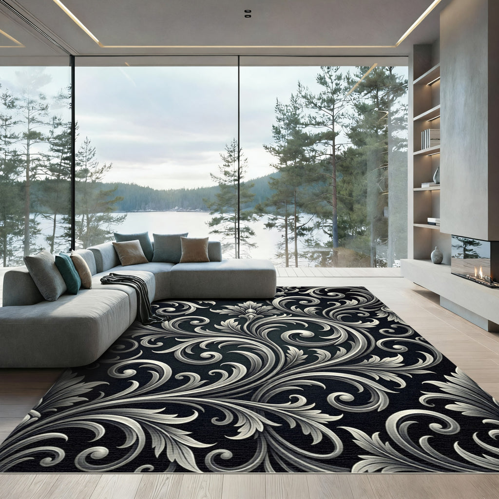 Elegant Silver Ornate Baroque Scroll Rug