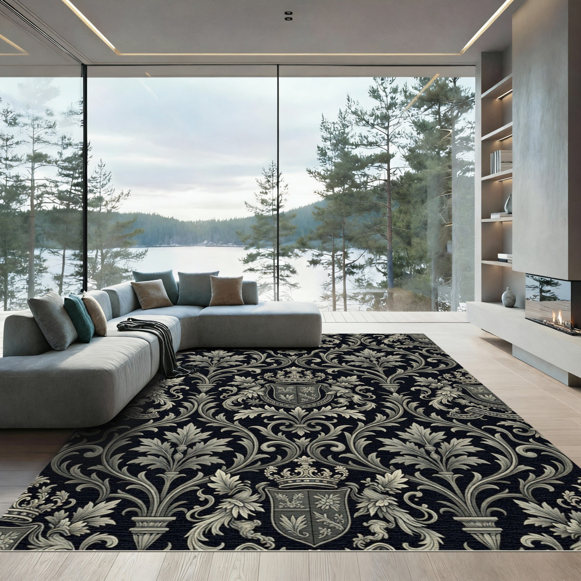 Classic Charcoal Crest Damask Scroll Rug