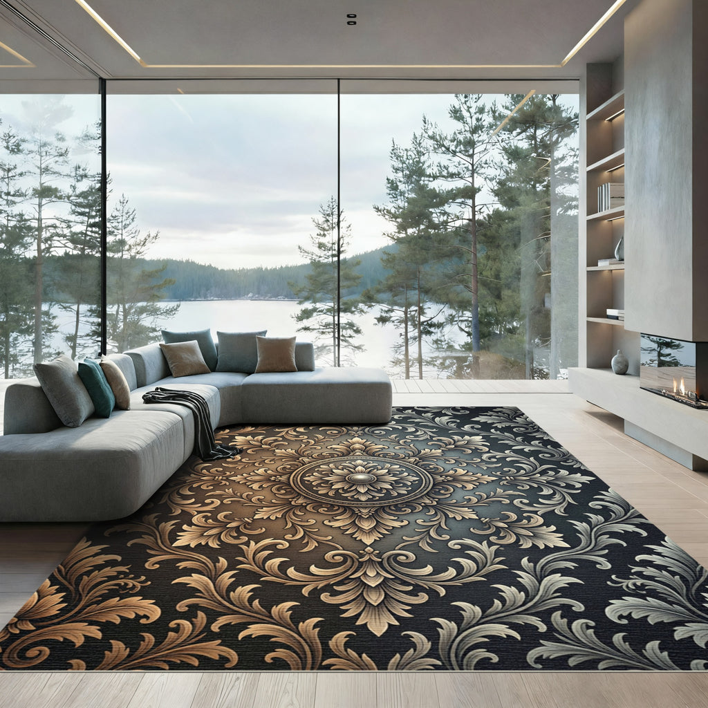 Ornate Bronze Gold Damask Medallion Rug