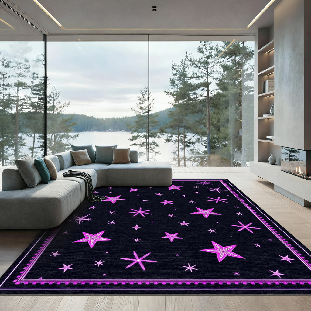 Vibrant Pink Starry Night Celestial Rug