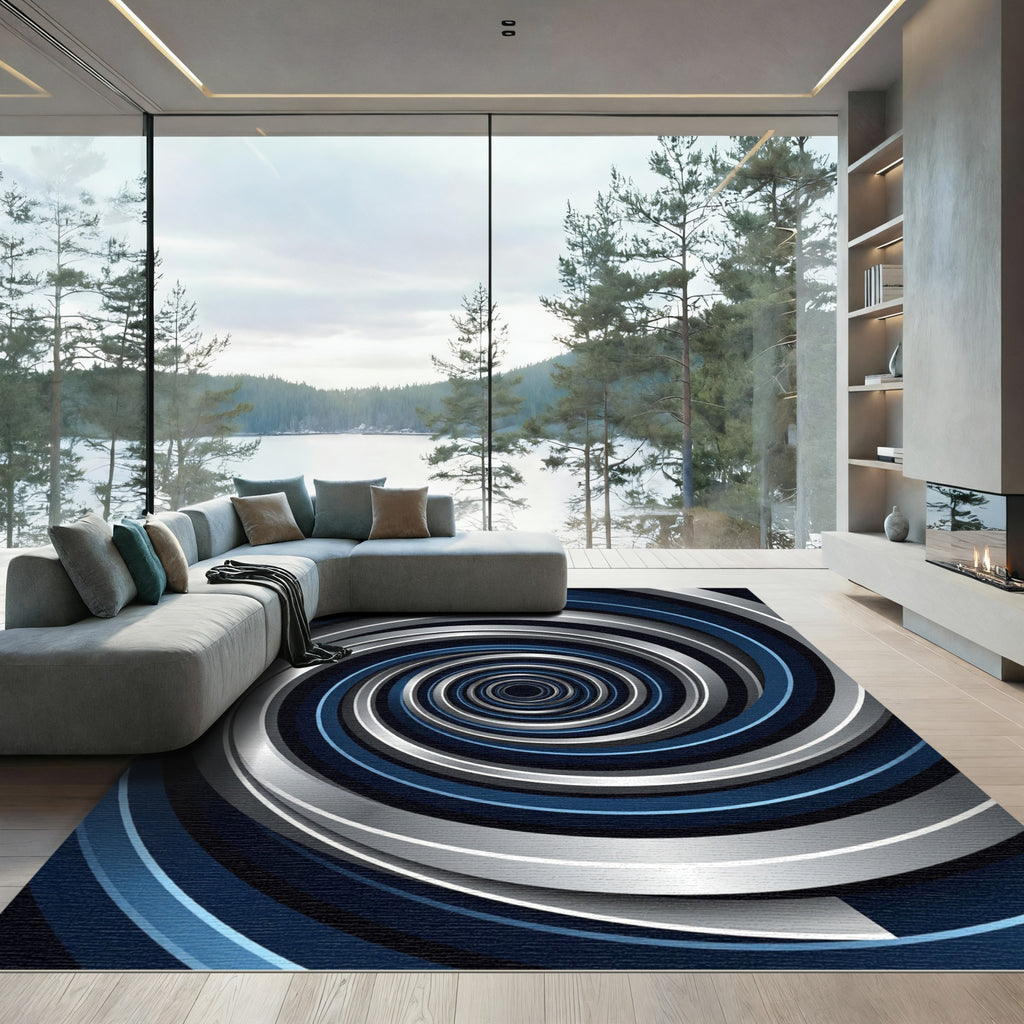 Modern Blue and Silver Spiral Illusion Rug