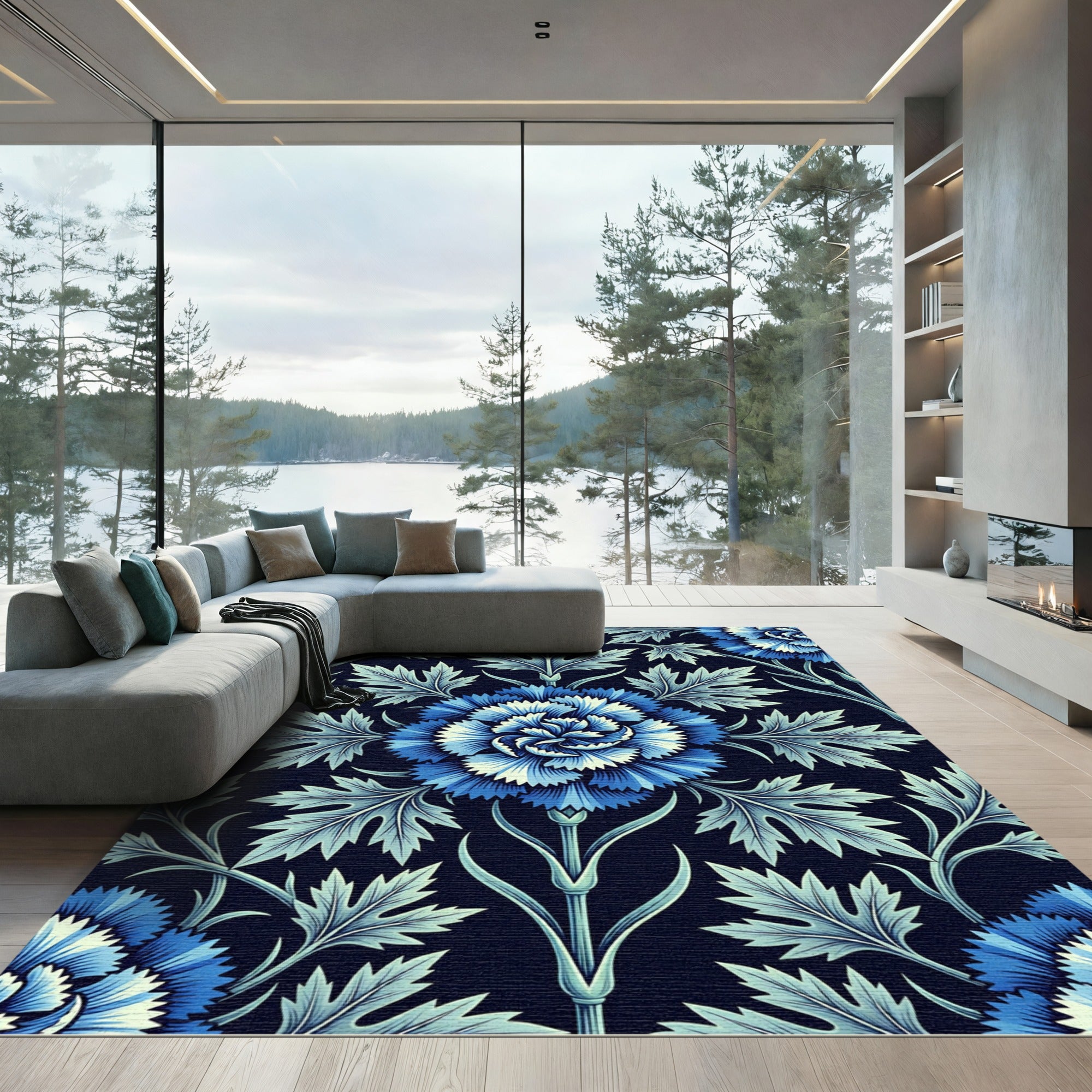 Deep Blue Floral Nature Aesthetic Rug