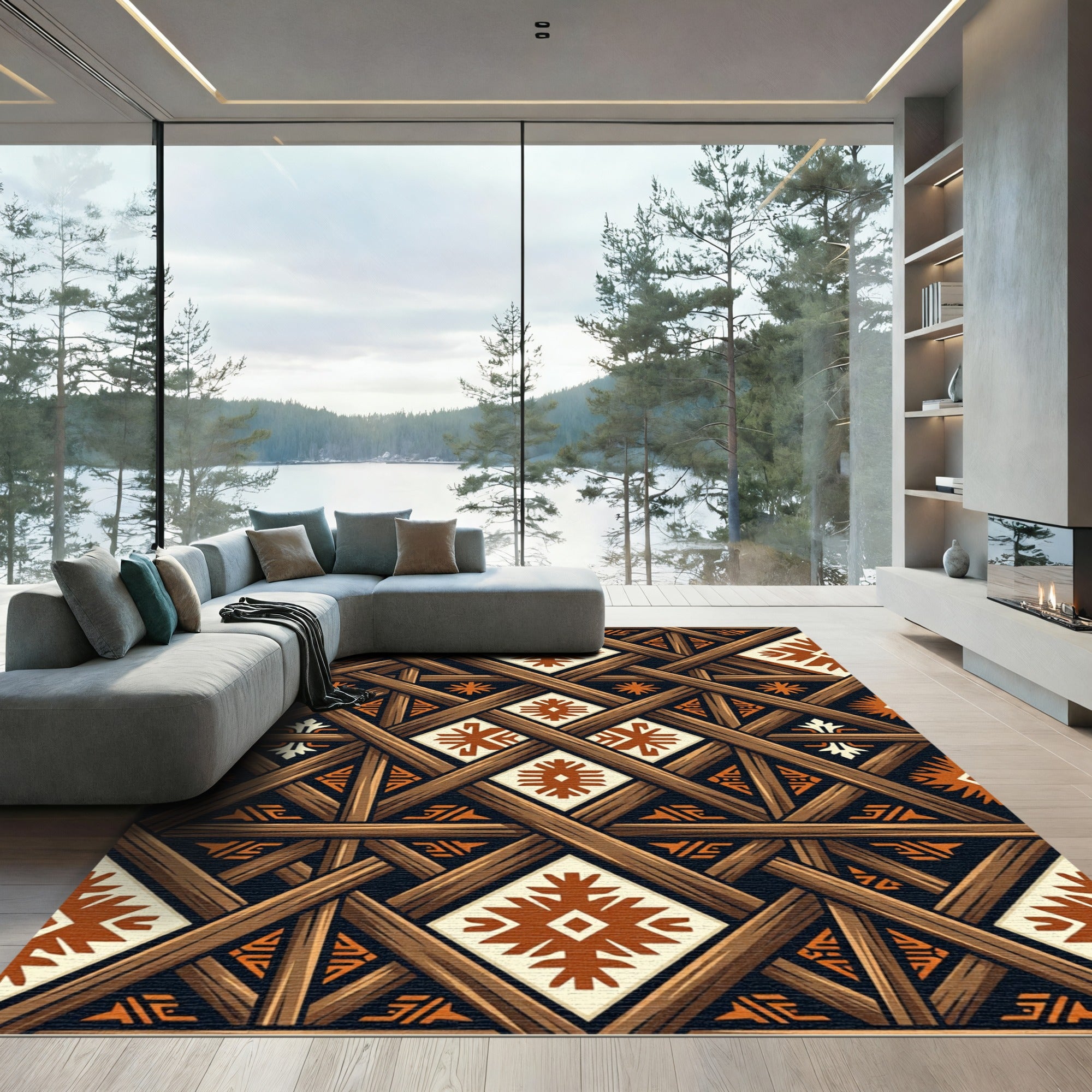 Earth Toned Geometric Lattice Weave Rug