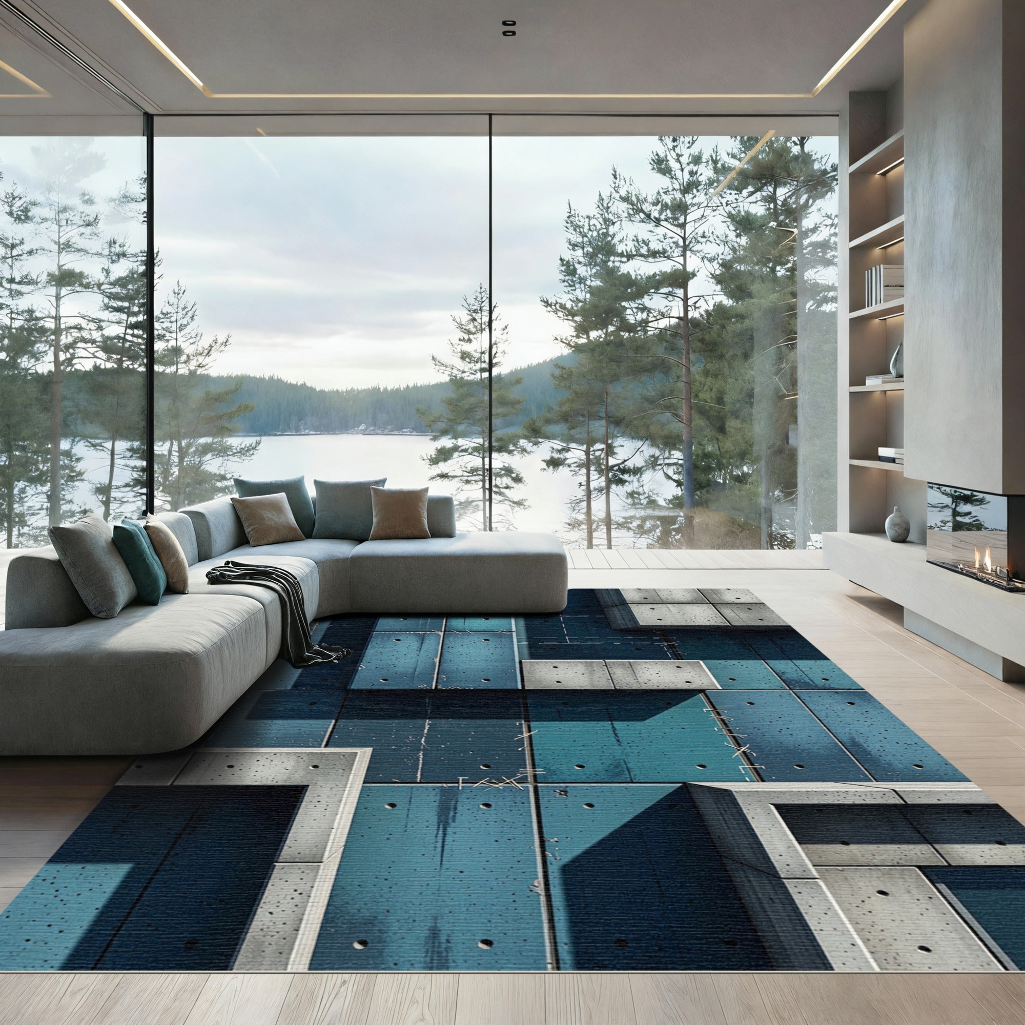 Urban Teal Concrete Grid Rug