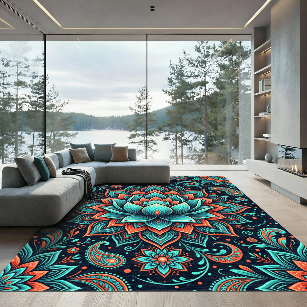 Vibrant Teal Orange Mandala Floral Rug