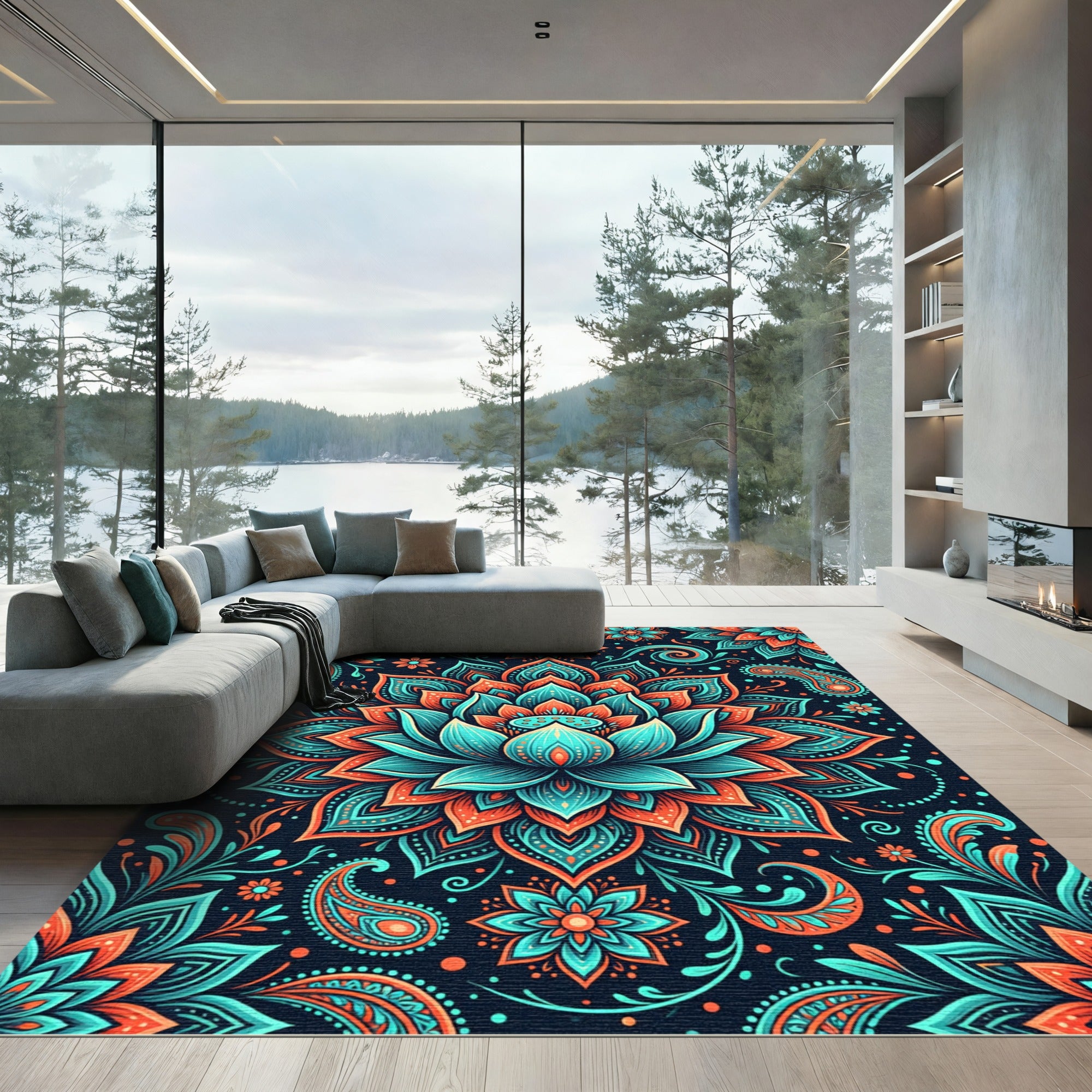 Vibrant Teal Orange Mandala Floral Rug