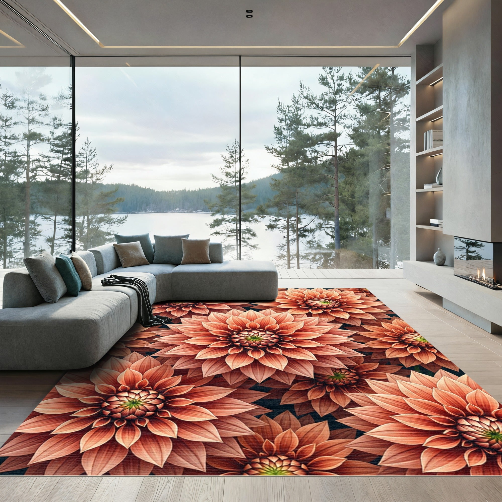 Coral Dahlia Floral Burst Rug