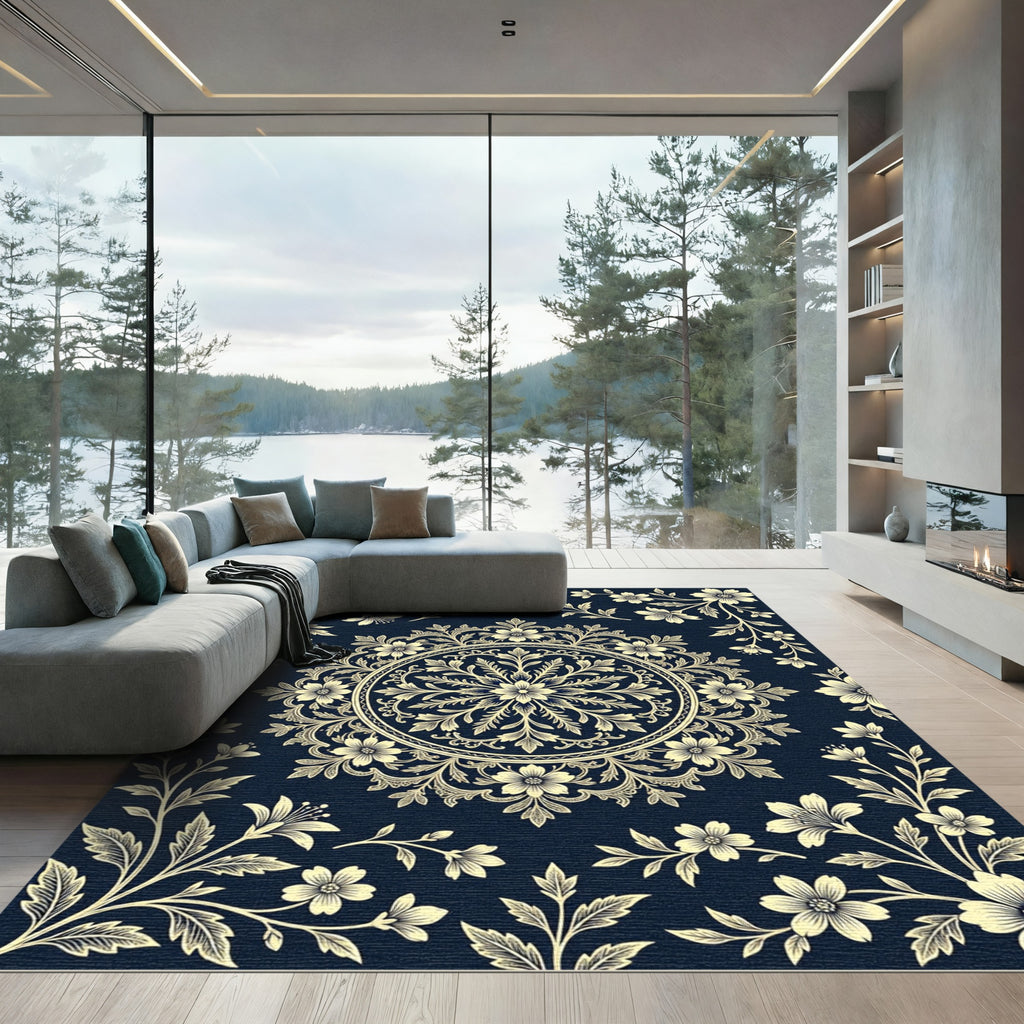 Navy Blue Cream Floral Damask Medallion Rug