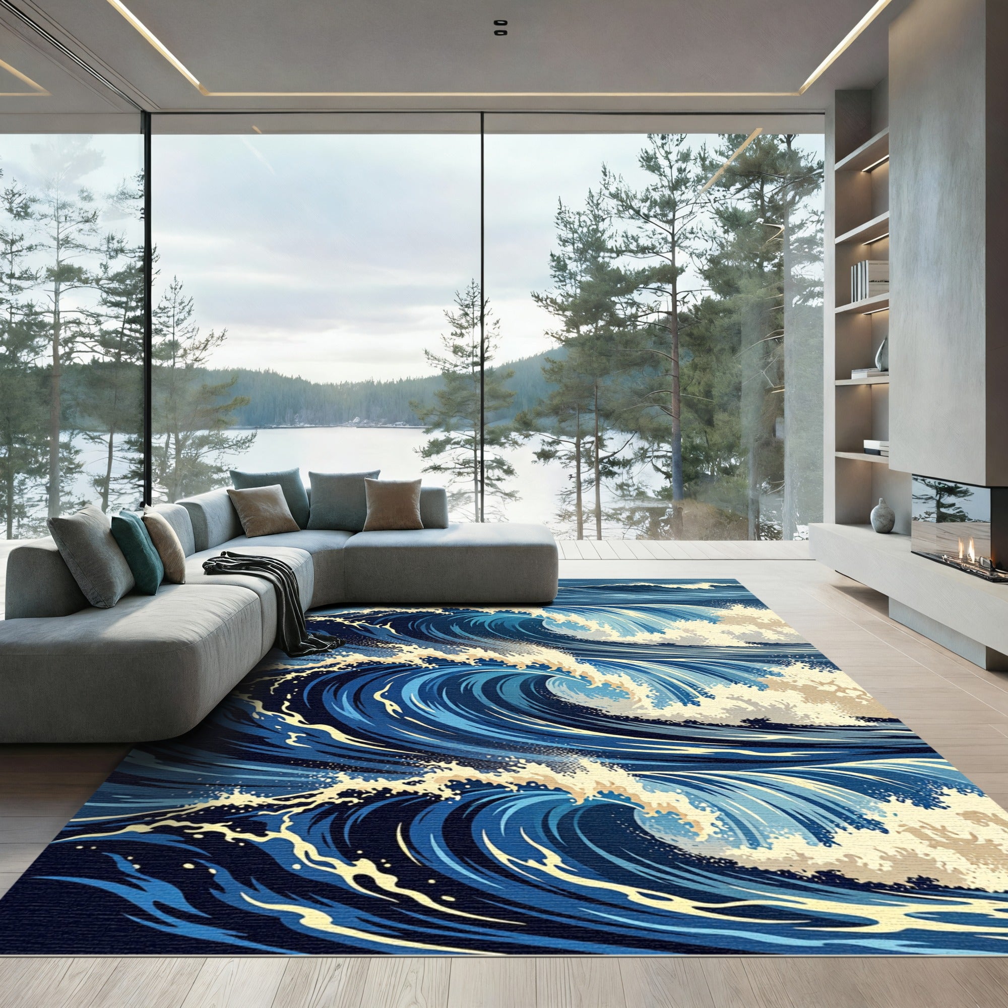 Dynamic Navy Blue Rolling Ocean Surge Rug