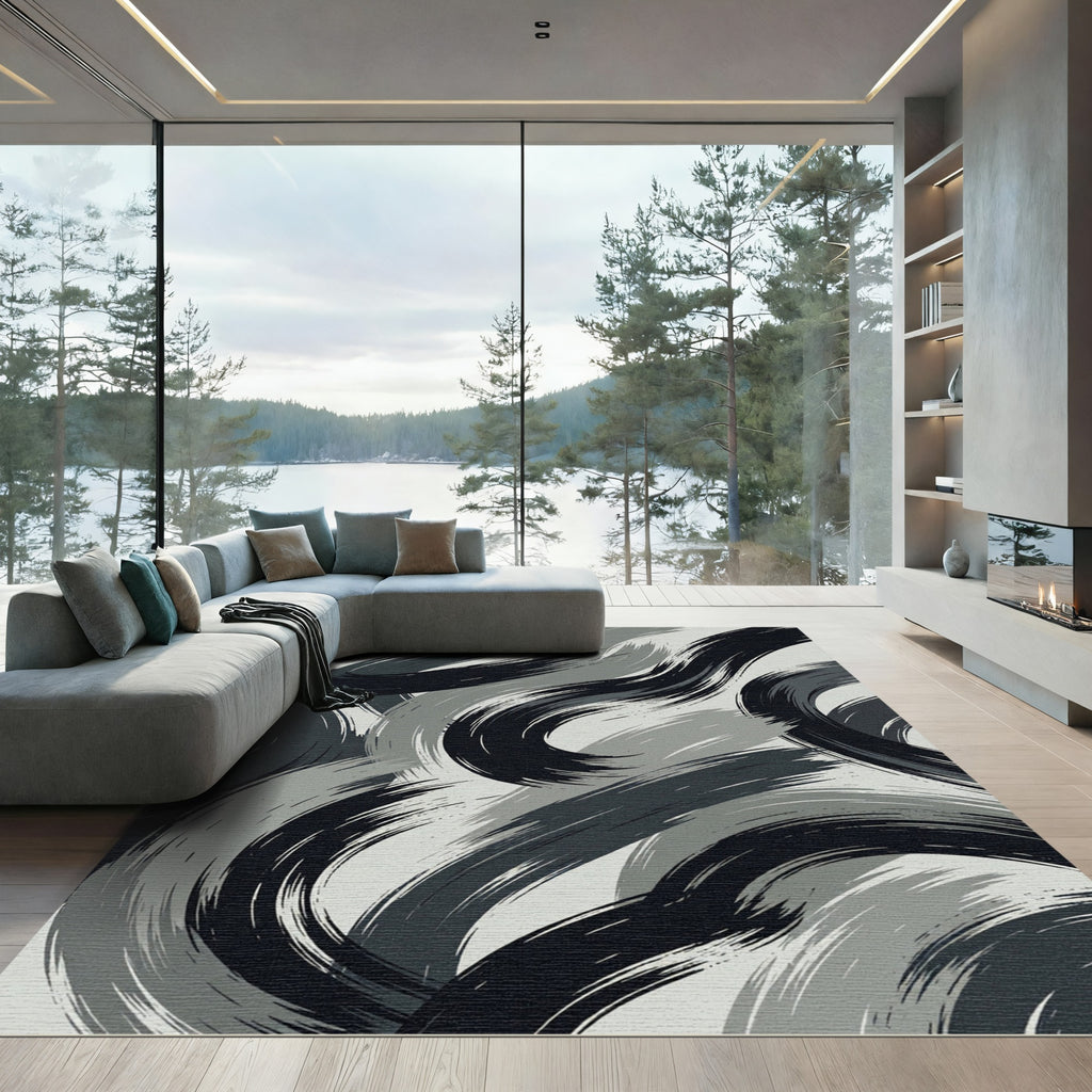 Monochrome Abstract Charcoal Swirl Art Rug