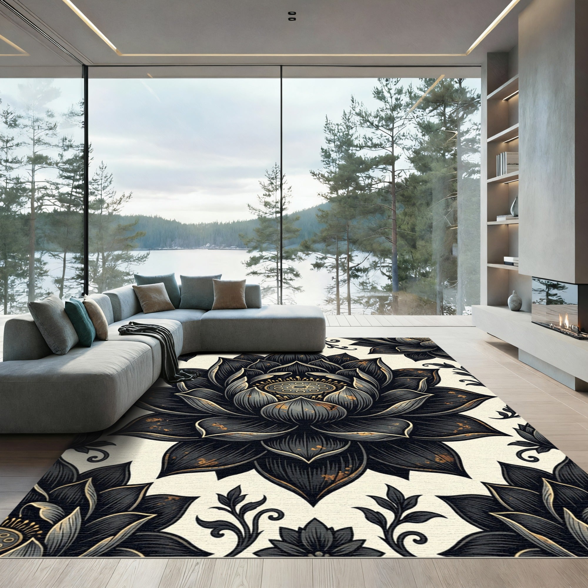 Black Lotus Gold Accent Floral Art Rug