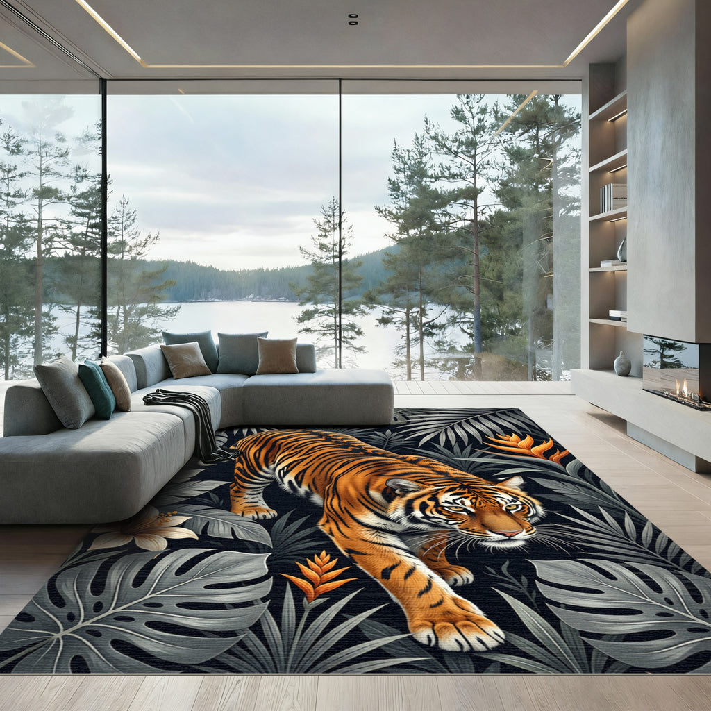 Majestic Tiger Among Tropical Foliage Rug