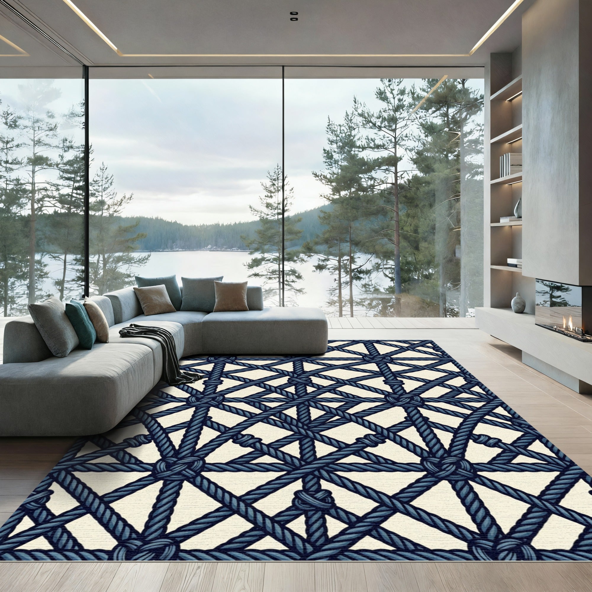 Dark Blue Knotted Rope Grid Rug
