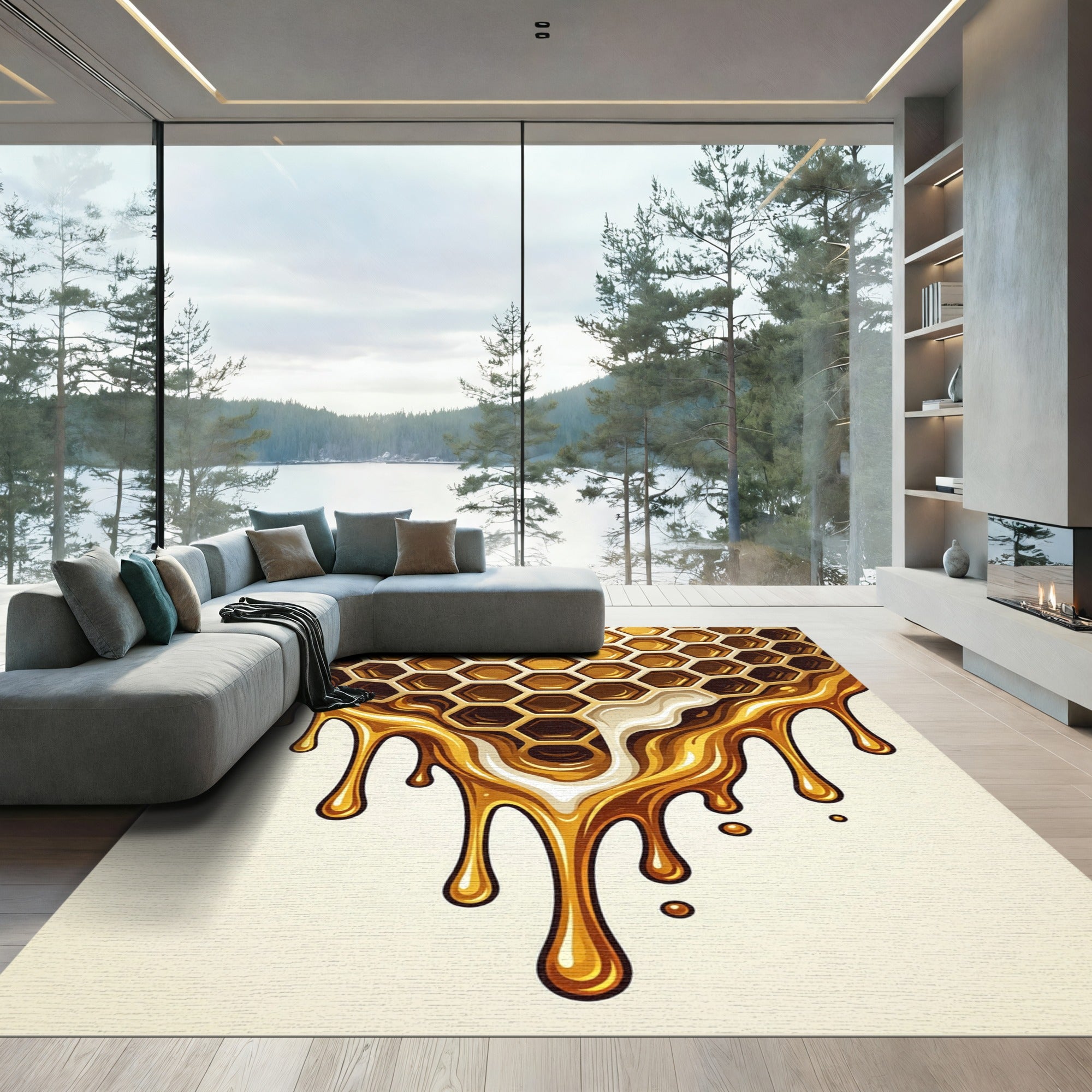Golden Honeycomb Drip Abstract Art Rug