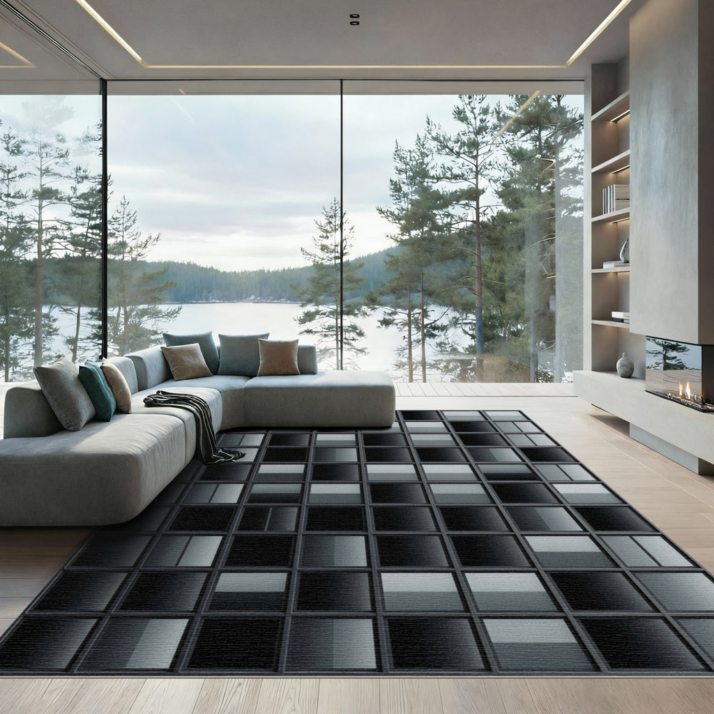 Modern Monochrome Grid Architectural Squared Rug