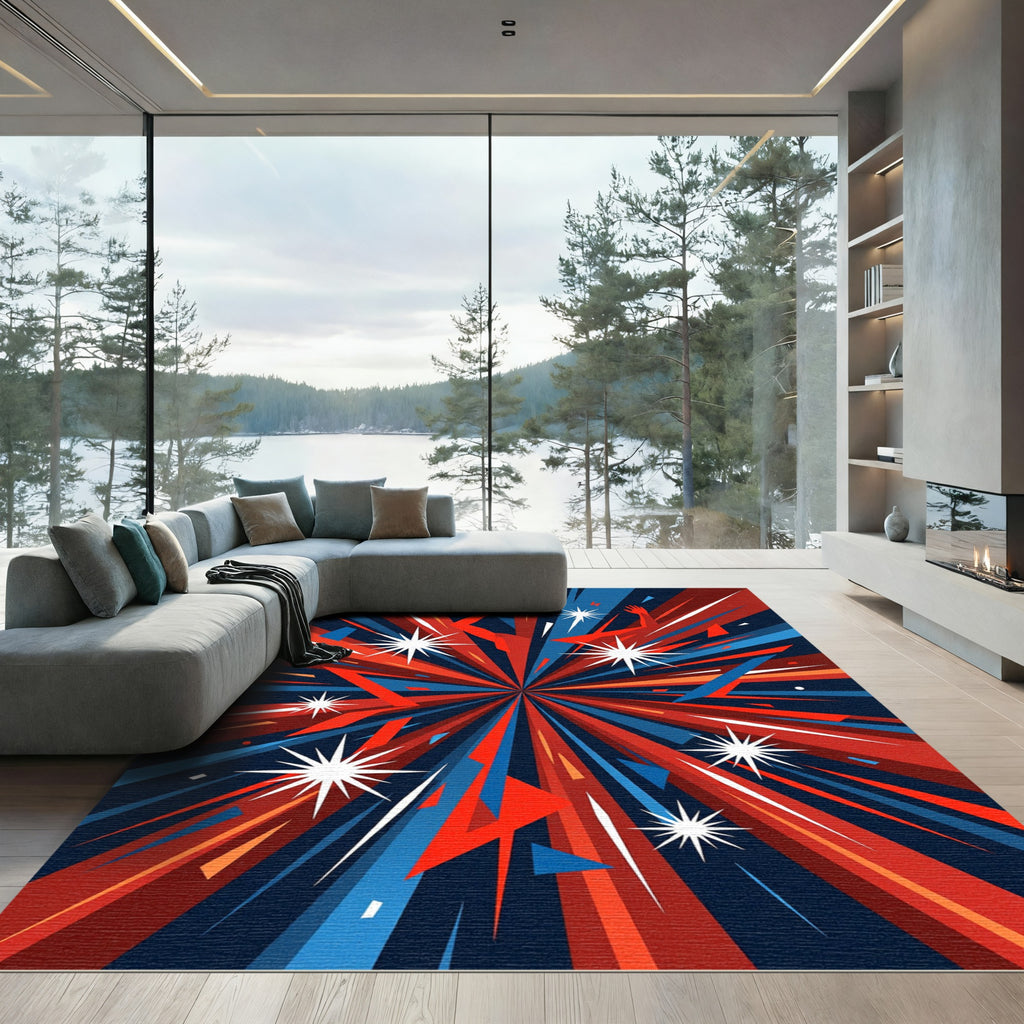 Vibrant Red Blue Starburst Geometric Art Rug