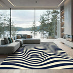 Minimalist Navy and Cream Wavy Lines Rug