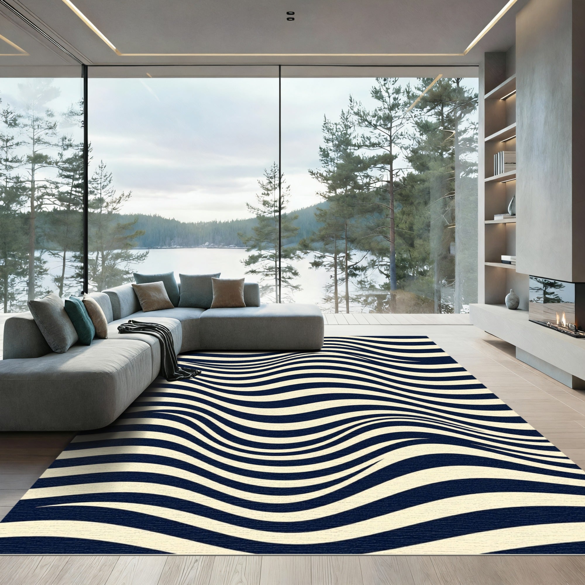 Minimalist Navy and Cream Wavy Lines Rug