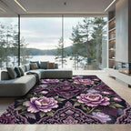 Elegant Plum Peony Damask Floral Rug