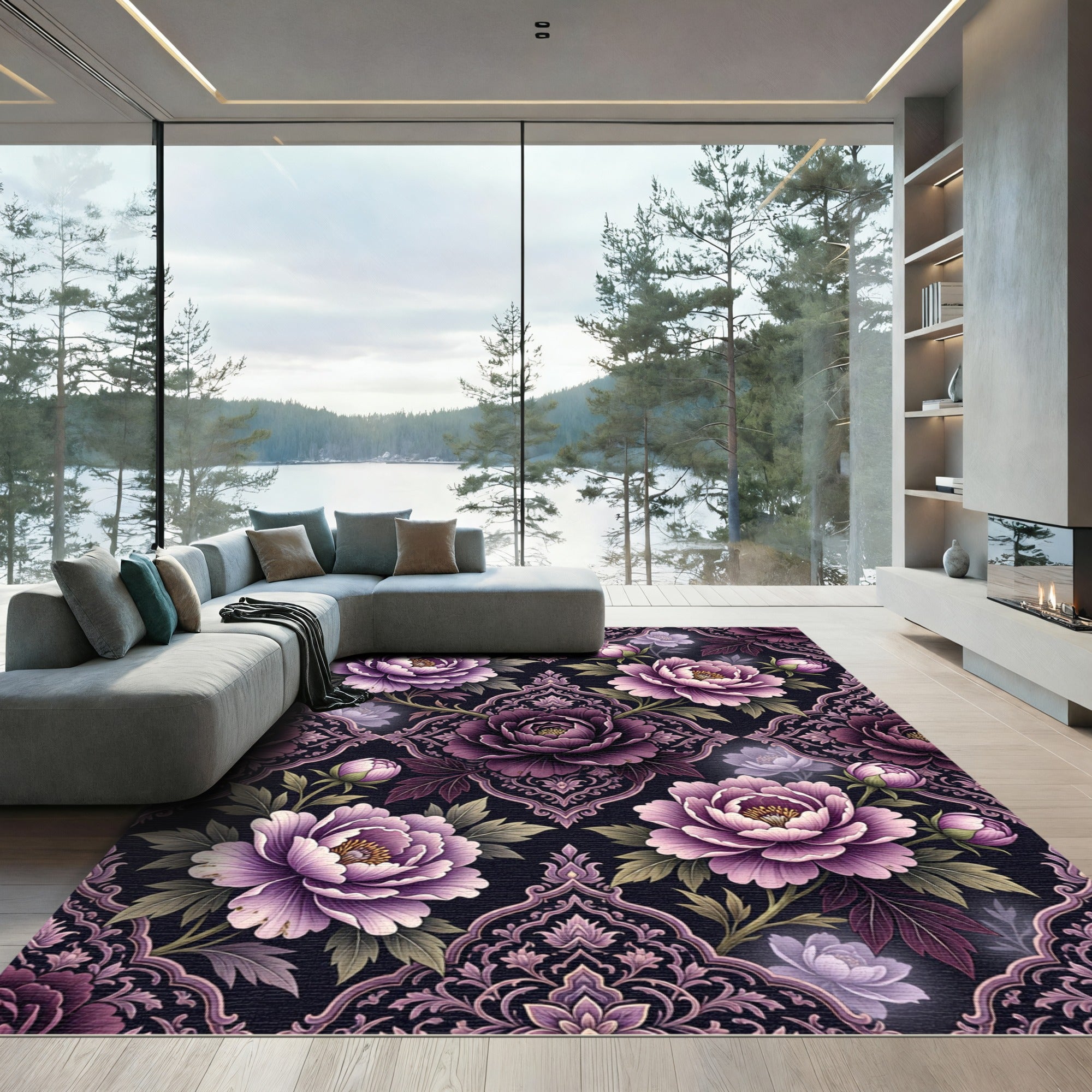 Elegant Plum Peony Damask Floral Rug