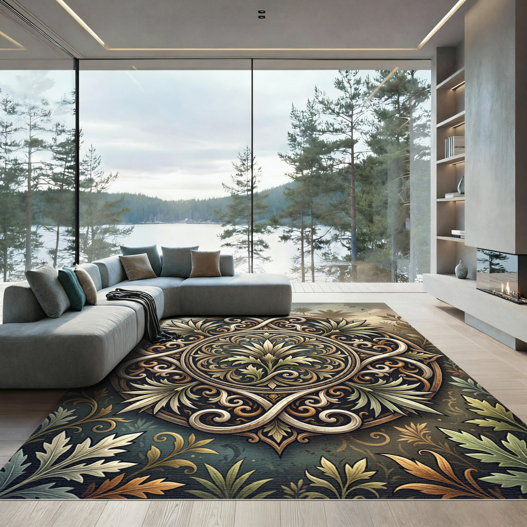 Ornate Golden Tropical Leaf Medallion Rug