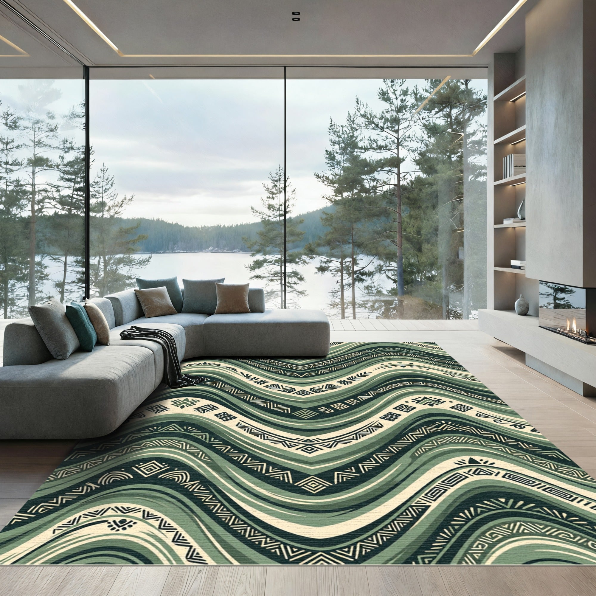 Sage Green Chevron Tribal Waves Rug