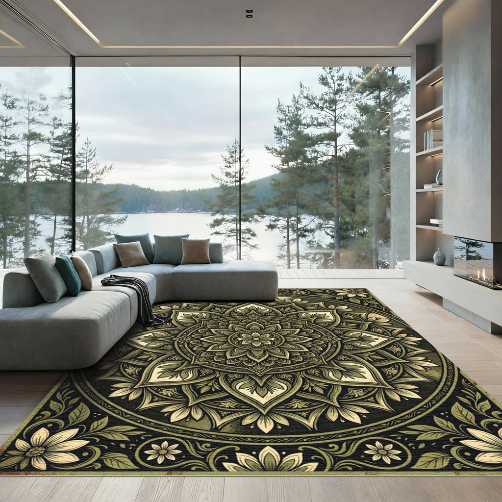 Earthy Sage Botanical Floral Mandala Rug