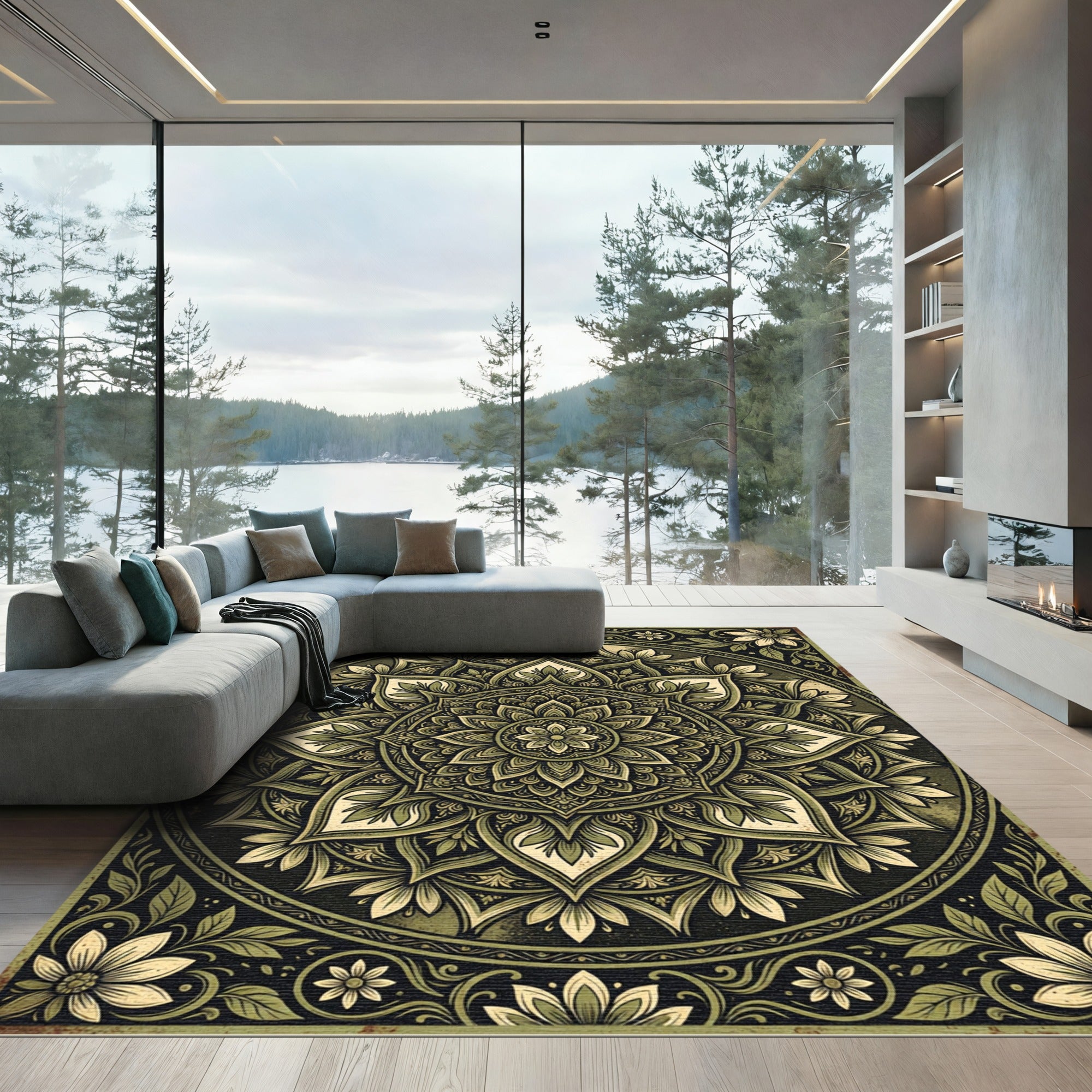 Earthy Sage Botanical Floral Mandala Rug