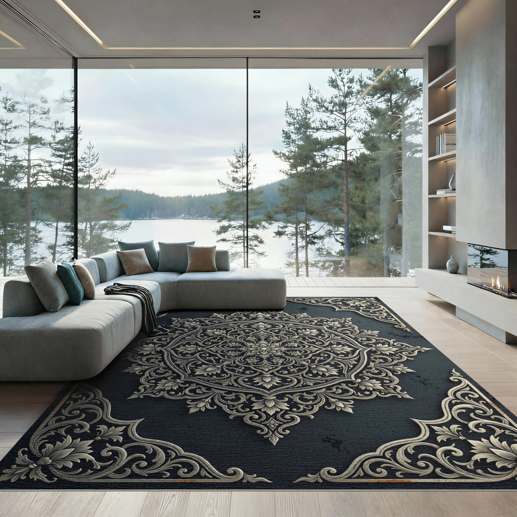 Ornate Silver Floral Medallion Charcoal Backdrop Rug