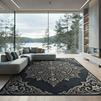 Ornate Silver Floral Medallion Charcoal Backdrop Rug