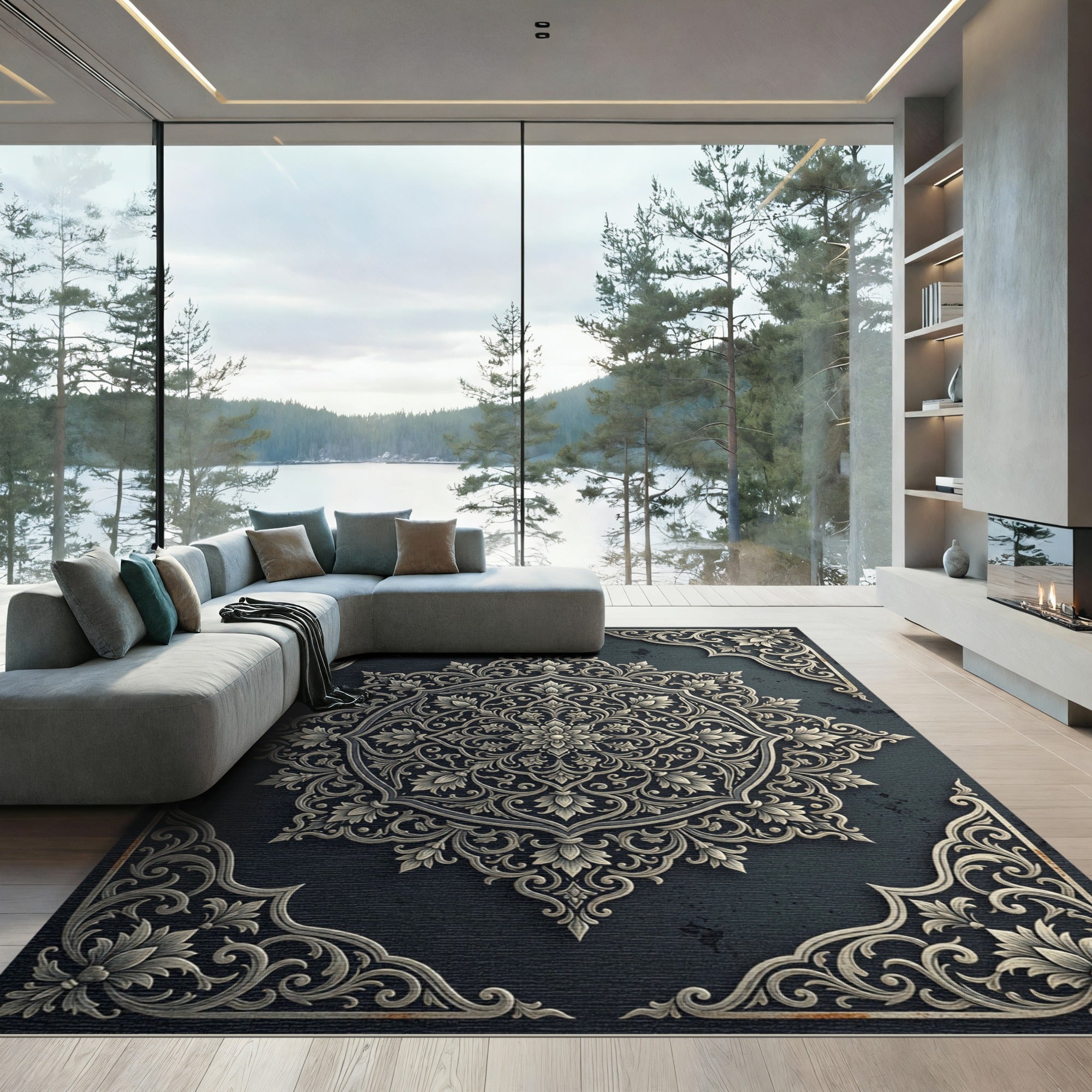 Ornate Silver Floral Medallion Charcoal Backdrop Rug