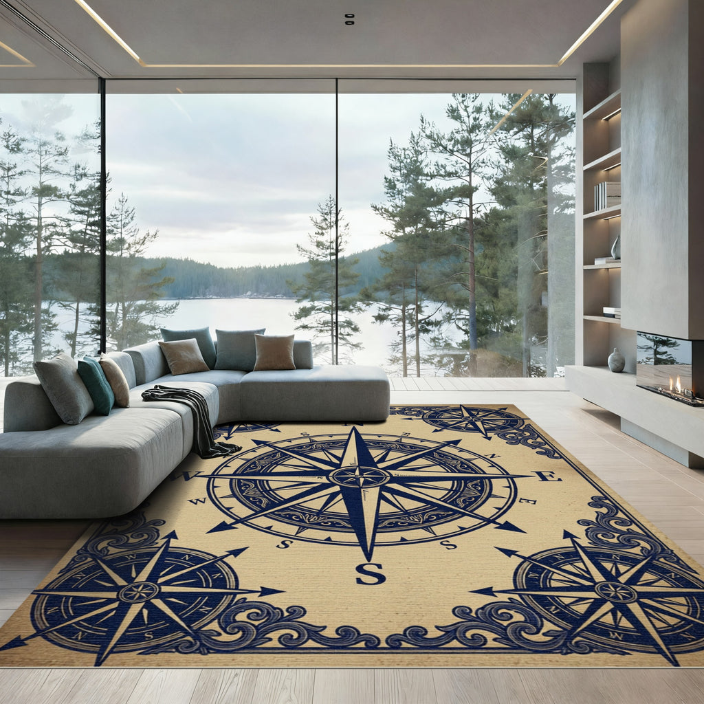 Vintage Navy Nautical Compass Scroll Rug