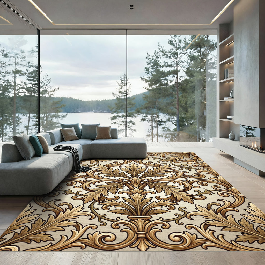 Ornate Gold Acanthus Scroll Art Rug