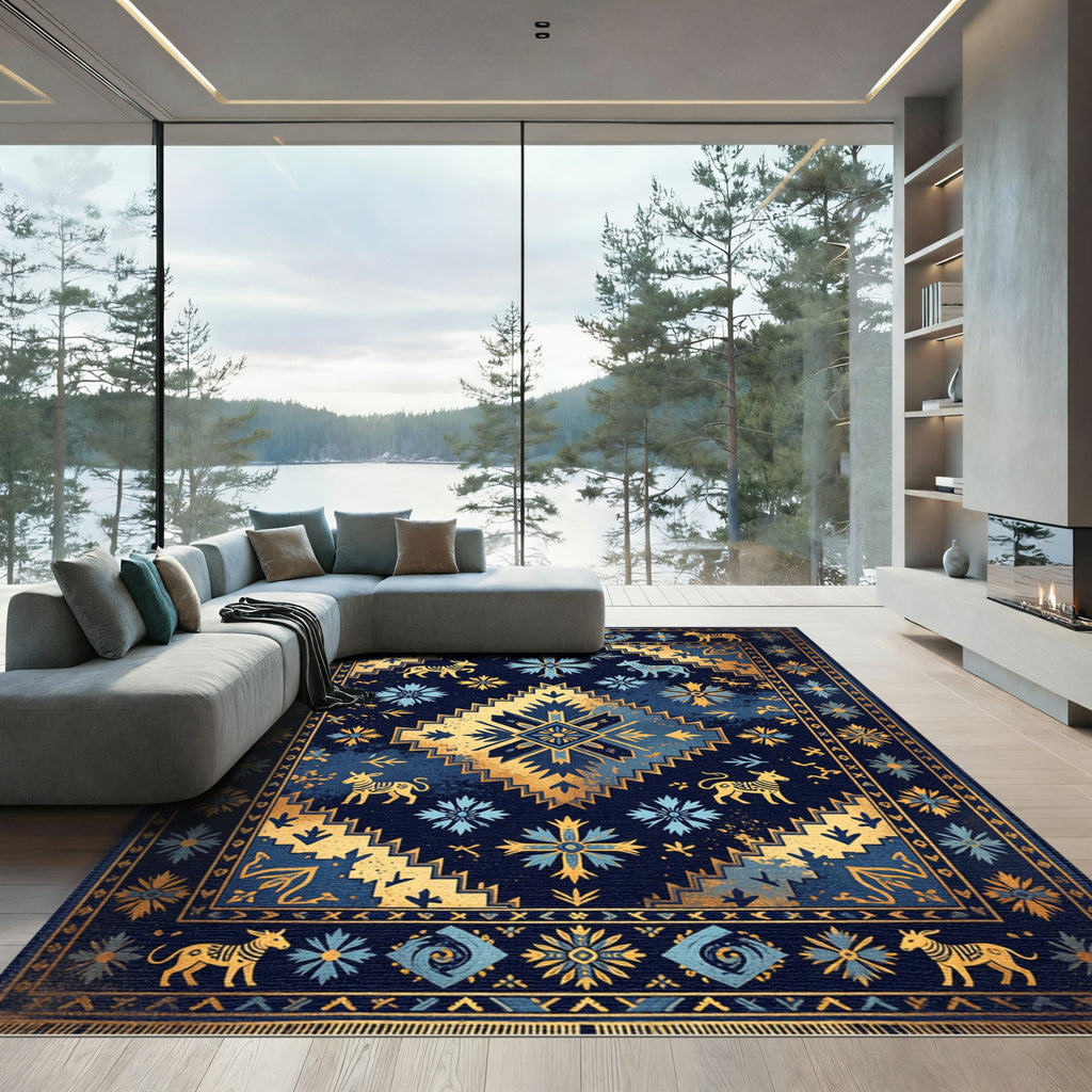 Golden Zebra Navy Celestial Medallion Rug