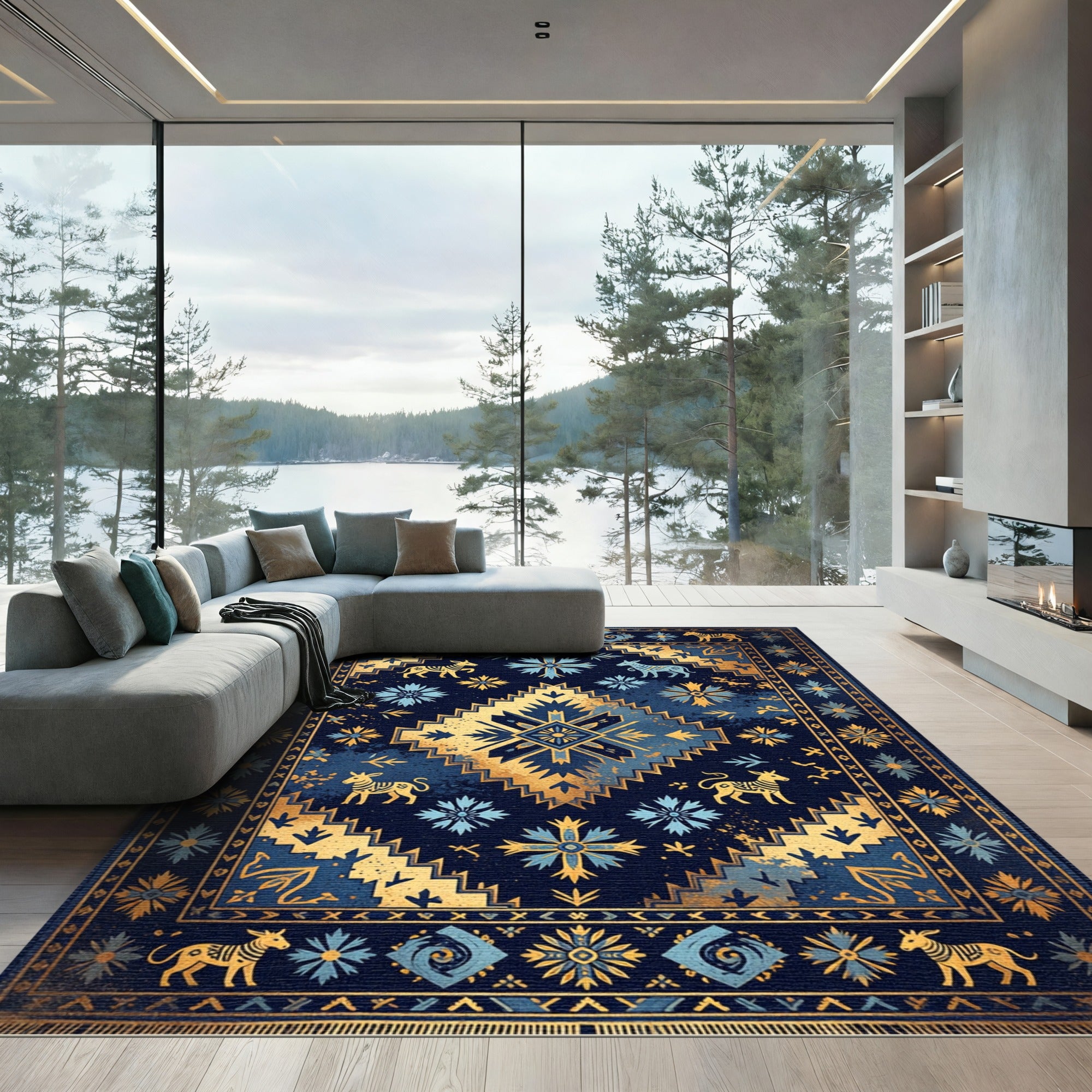 Golden Zebra Navy Celestial Medallion Rug
