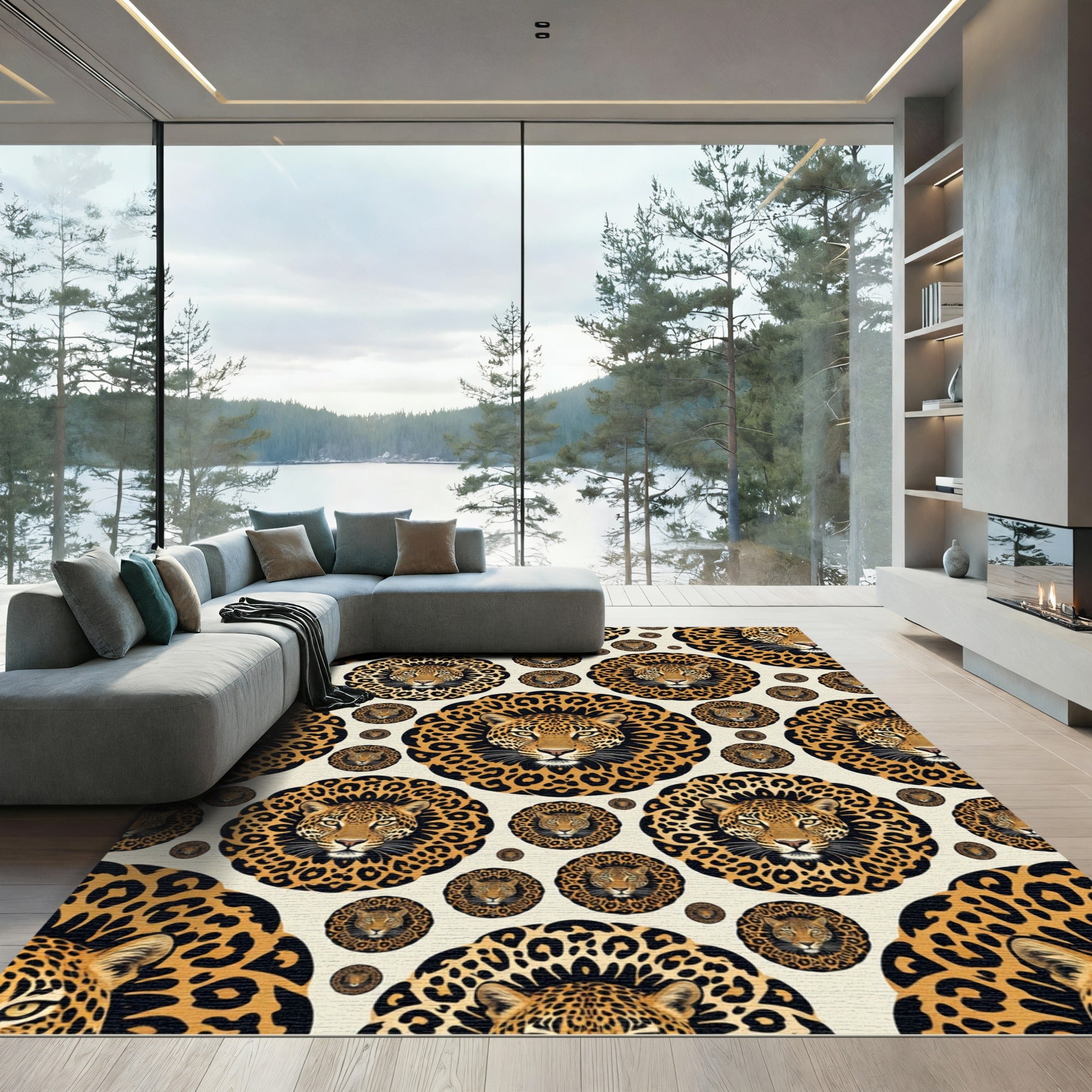 Golden Leopard Spotted Medallion Art Rug