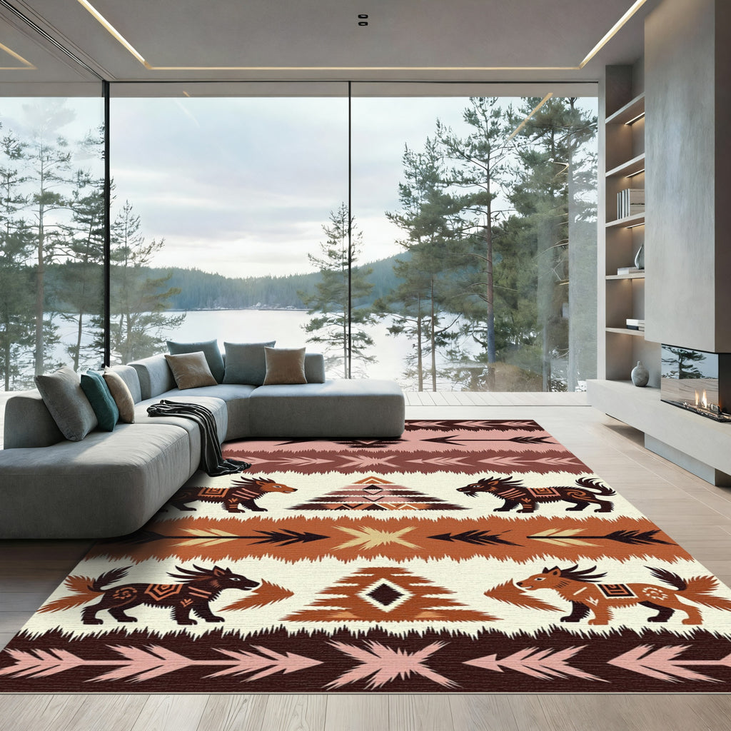 Rustic Brown Wolf Arrow Tribal Rug