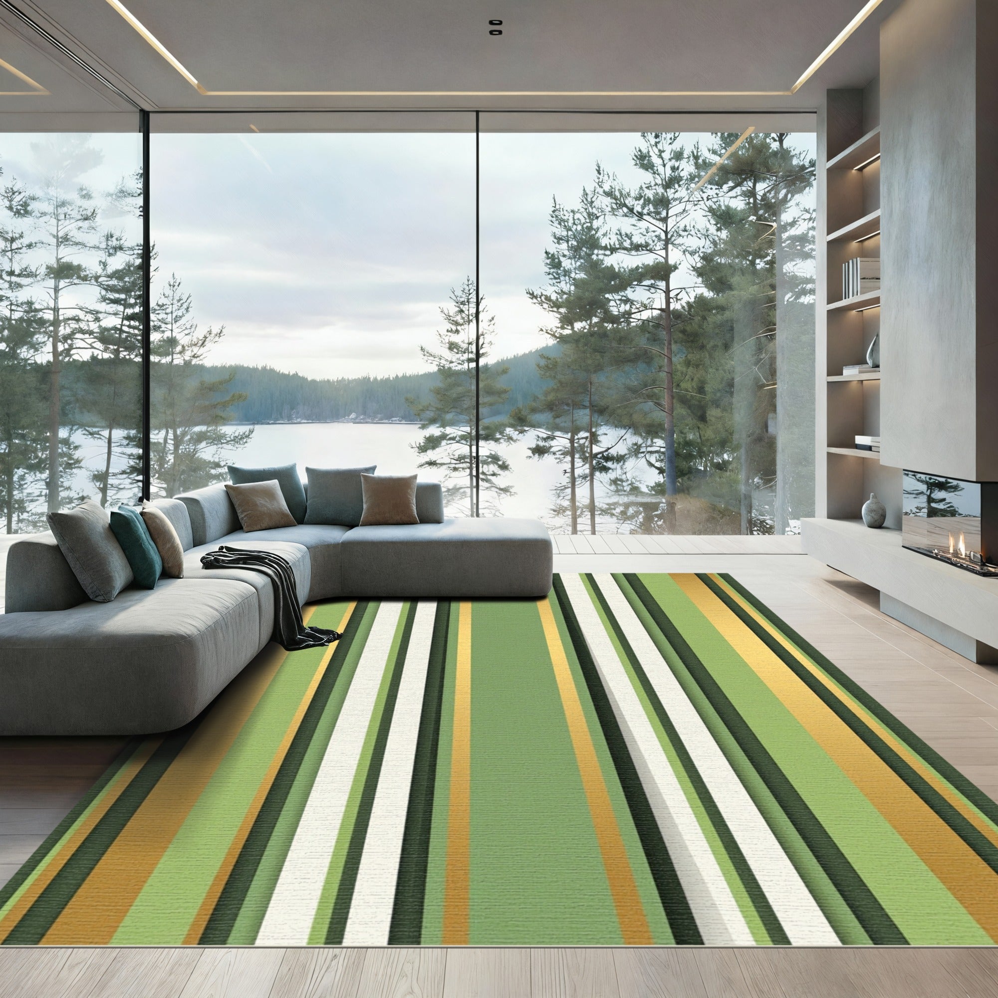Elegant Gold and Sage Striped Art Rug
